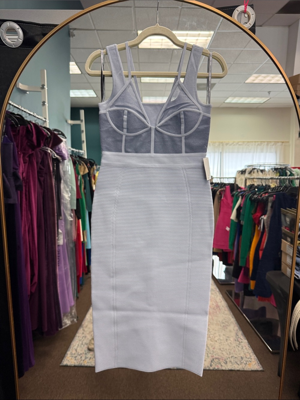 Herve Leger Pale Lavender Double-Strap Bustier Midi Dress Pewter color NWT